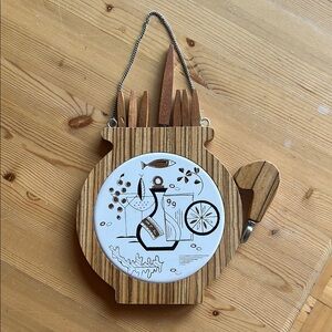 Vintage Wooden Cheese Board with Utensils